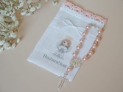 Rožinių perlų rožančius krikštynoms
